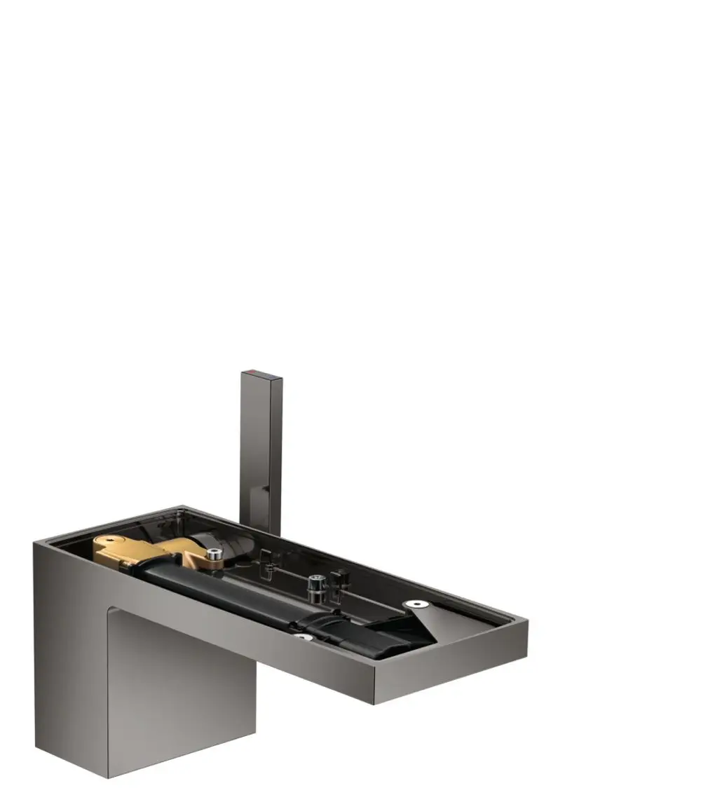 Waschtischmischer in Polished Black Chrome mit einer klaren, minimalistischen Form. Ausgeführt von AXOR, ausgestattet mit einer Push-Open Ablaufgarnitur.